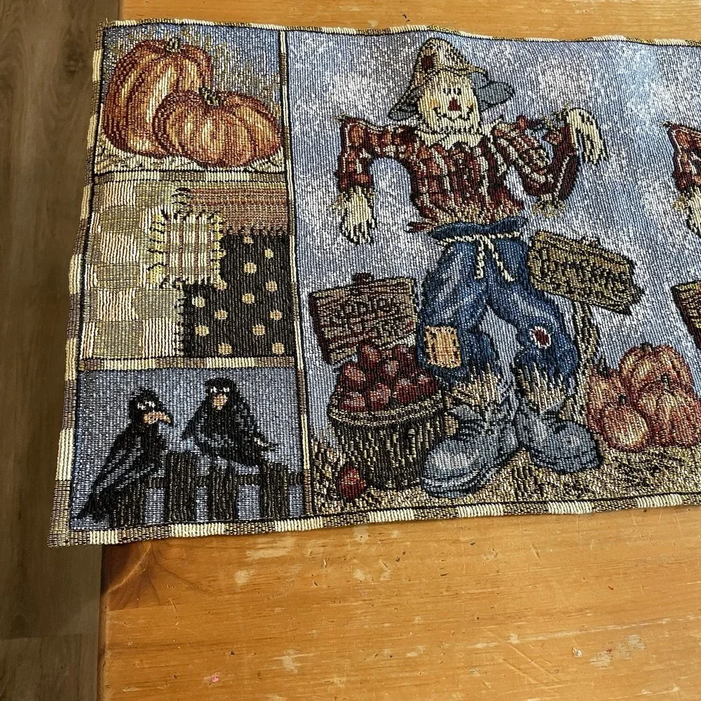 Tapestry Table Runner Fall Scarecrow Pumpkin Patchwork Harvest 72x13 Cottagecore